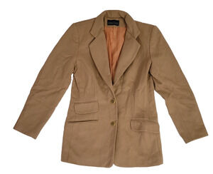Herman Geist Womens Tan 100% Wool Blazer Gold Tone Buttons Made in USA
